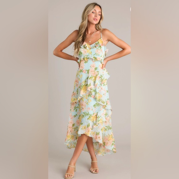 By The River Dresses & Skirts - By The River Blossom In Time Blue Multi Floral Ruffle Tiered Midi Dress Size L